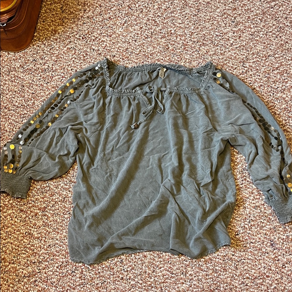 Cato Grayish Green Off-Shoulder Blouse with Gold Accents
